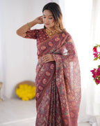 Mauve Linen Cotton Elephant & Floral Digital Print Saree with Matching Blouse