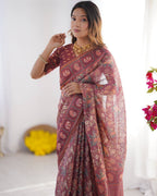 Mauve Linen Cotton Elephant & Floral Digital Print Saree with Matching Blouse