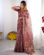 Mauve Linen Cotton Elephant & Floral Digital Print Saree with Matching Blouse