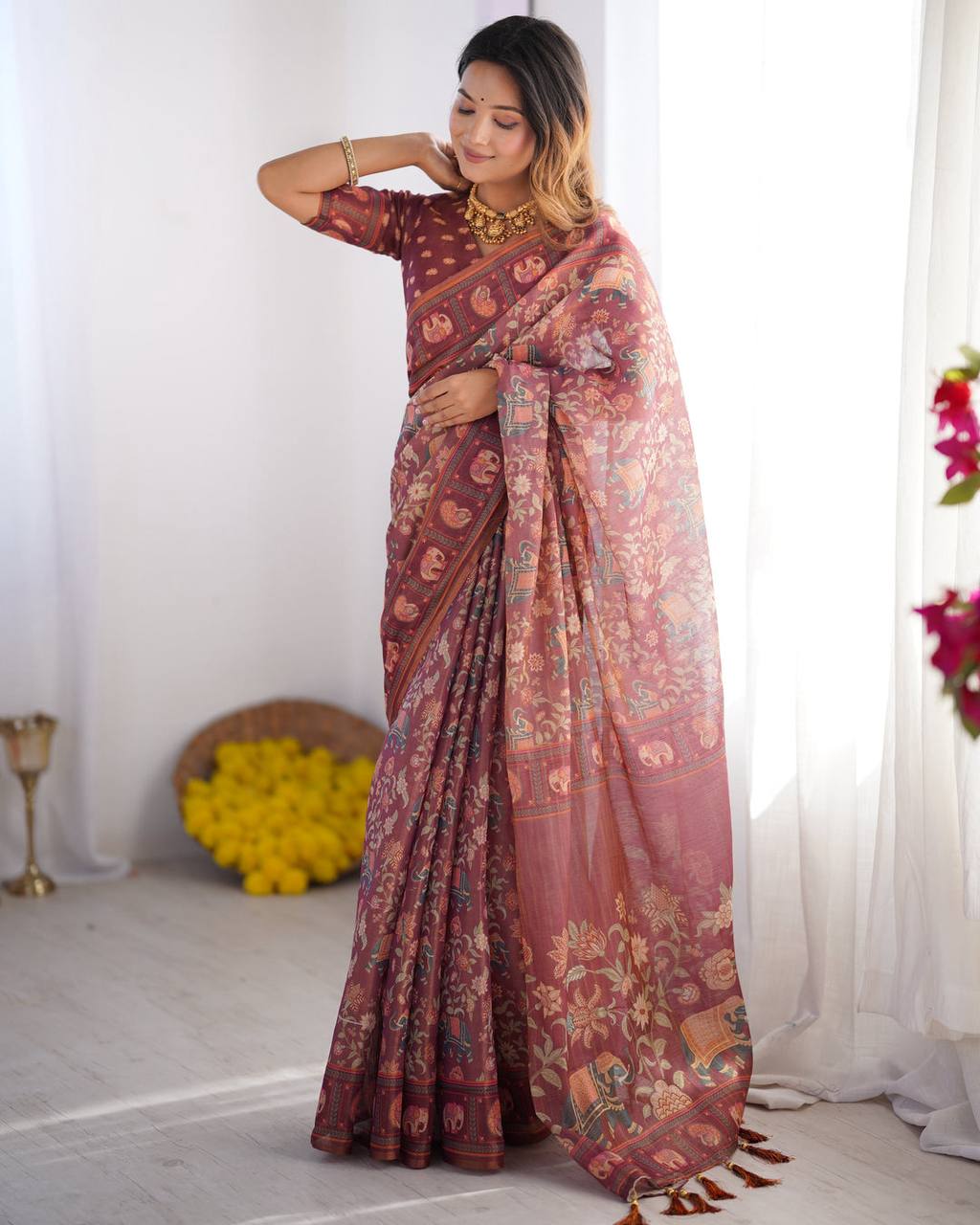 Mauve Linen Cotton Elephant & Floral Digital Print Saree with Matching Blouse