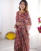 Mauve Linen Cotton Elephant & Floral Digital Print Saree with Matching Blouse
