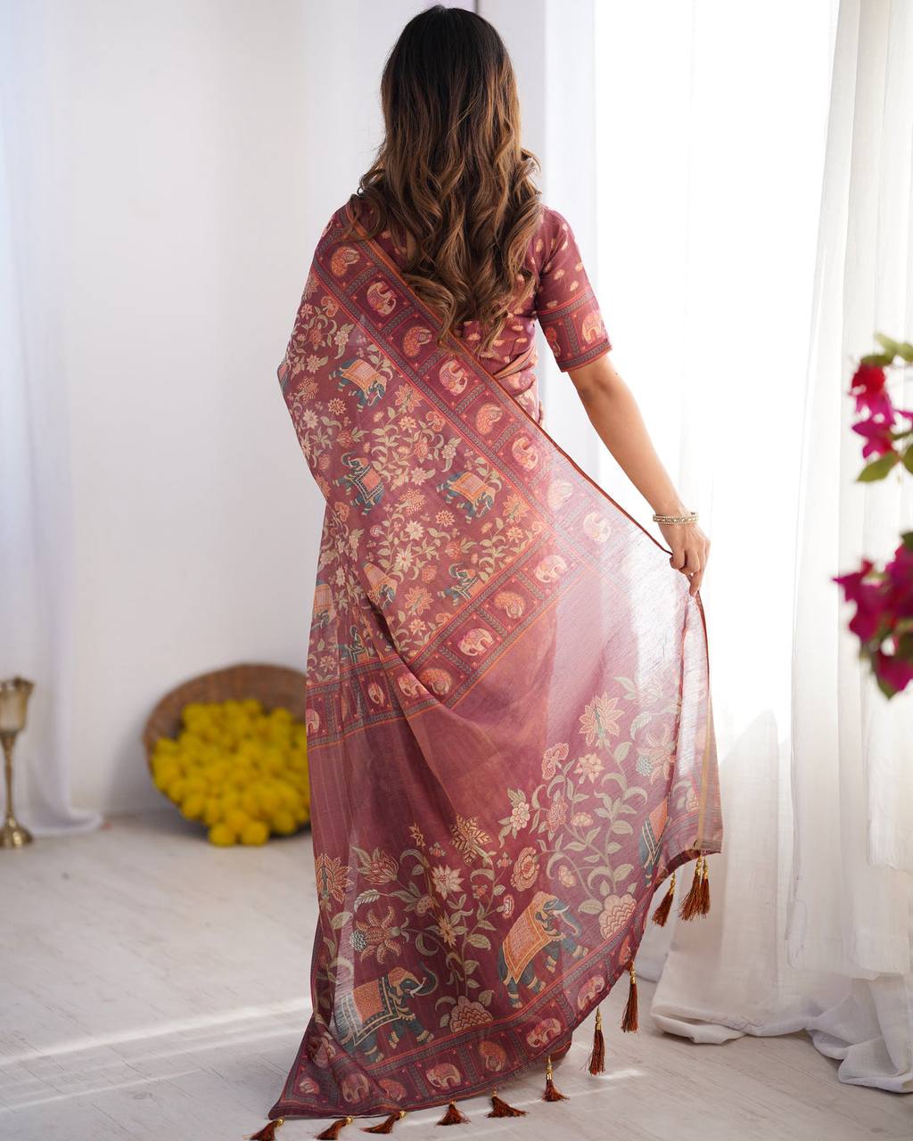 Mauve Linen Cotton Elephant & Floral Digital Print Saree with Matching Blouse