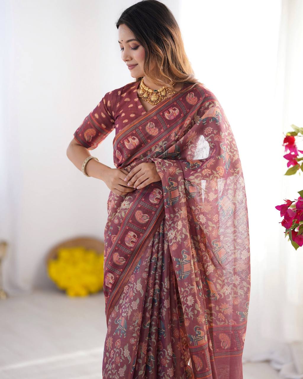 Mauve Linen Cotton Elephant & Floral Digital Print Saree with Matching Blouse