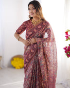 Mauve Linen Cotton Elephant & Floral Digital Print Saree with Matching Blouse