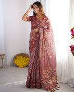 Mauve Linen Cotton Elephant & Floral Digital Print Saree with Matching Blouse