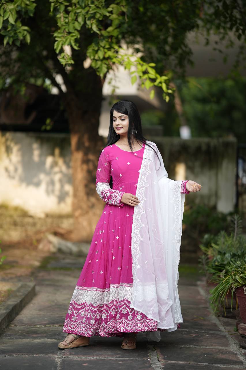 Women's Embroidered Anarkali Suit Set with Dupatta & Pants