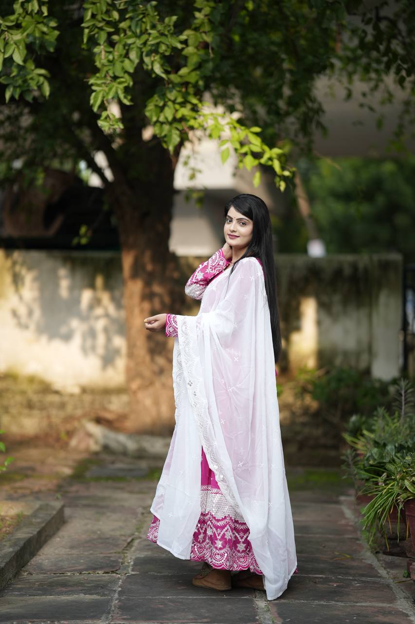 Women's Embroidered Anarkali Suit Set with Dupatta & Pants