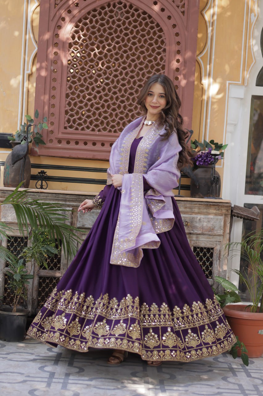 Premium Star Georgette Embroidered Gown With Dupatta