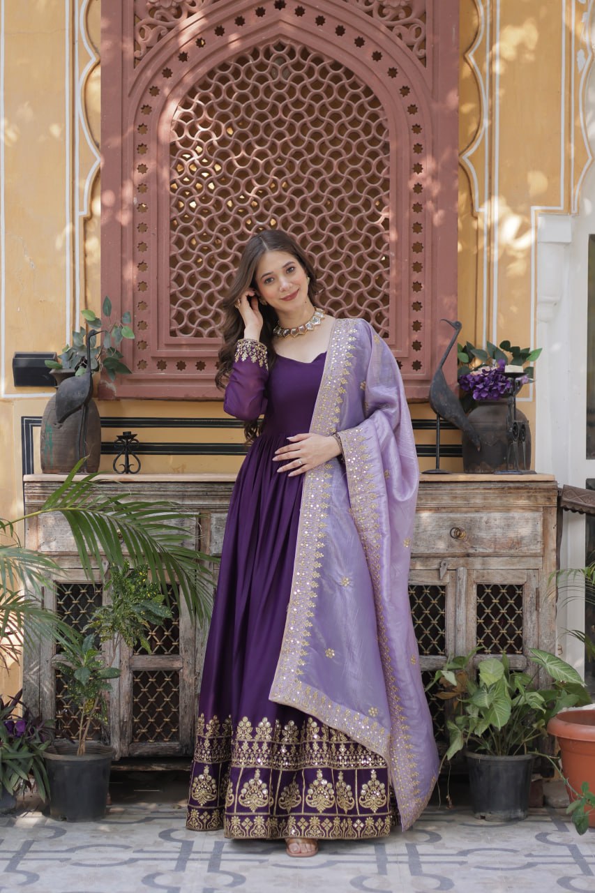 Premium Star Georgette Embroidered Gown With Dupatta
