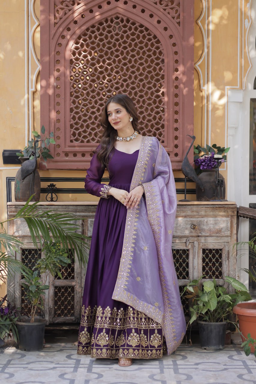 Premium Star Georgette Embroidered Gown With Dupatta