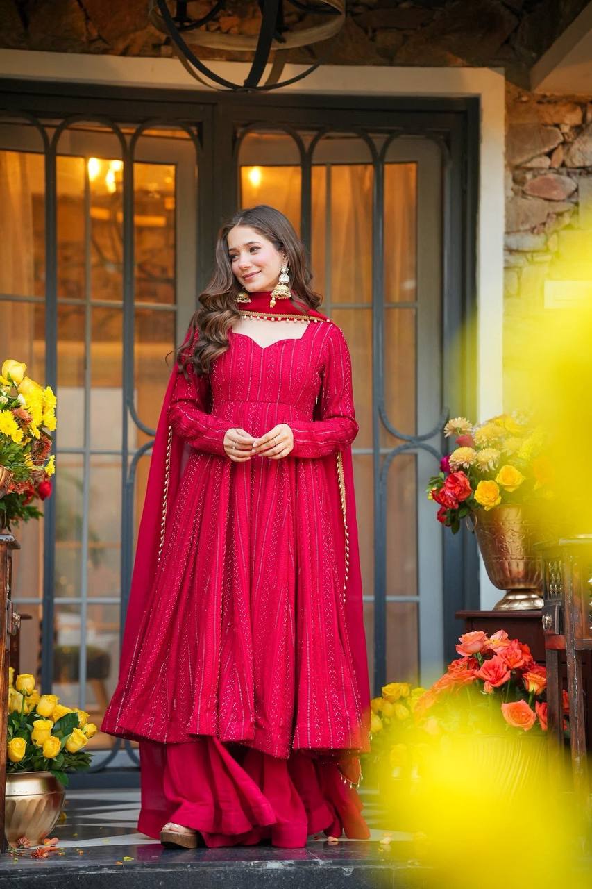 Premium Pink Anarkali Sharara Suit Set with Dupatta | Wedding Outfit