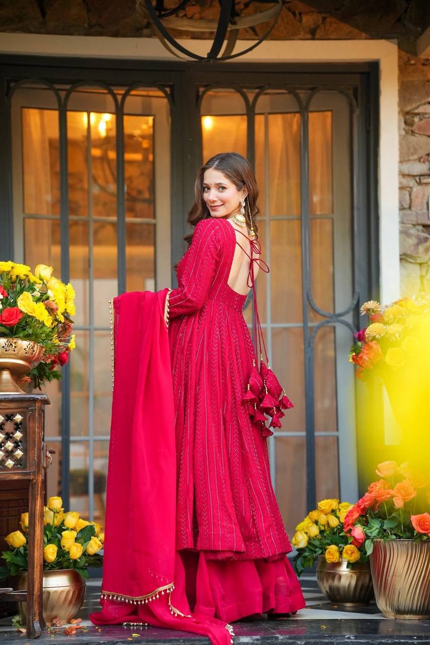 Premium Pink Anarkali Sharara Suit Set with Dupatta | Wedding Outfit