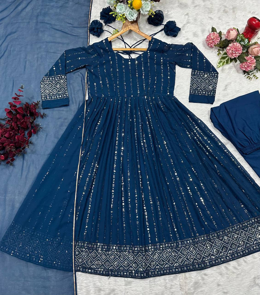 Premium Rama Blue Anarkali Suit Set with Dupatta & Pants