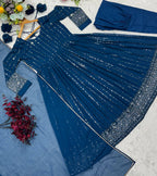 Premium Rama Blue Anarkali Suit Set with Dupatta & Pants