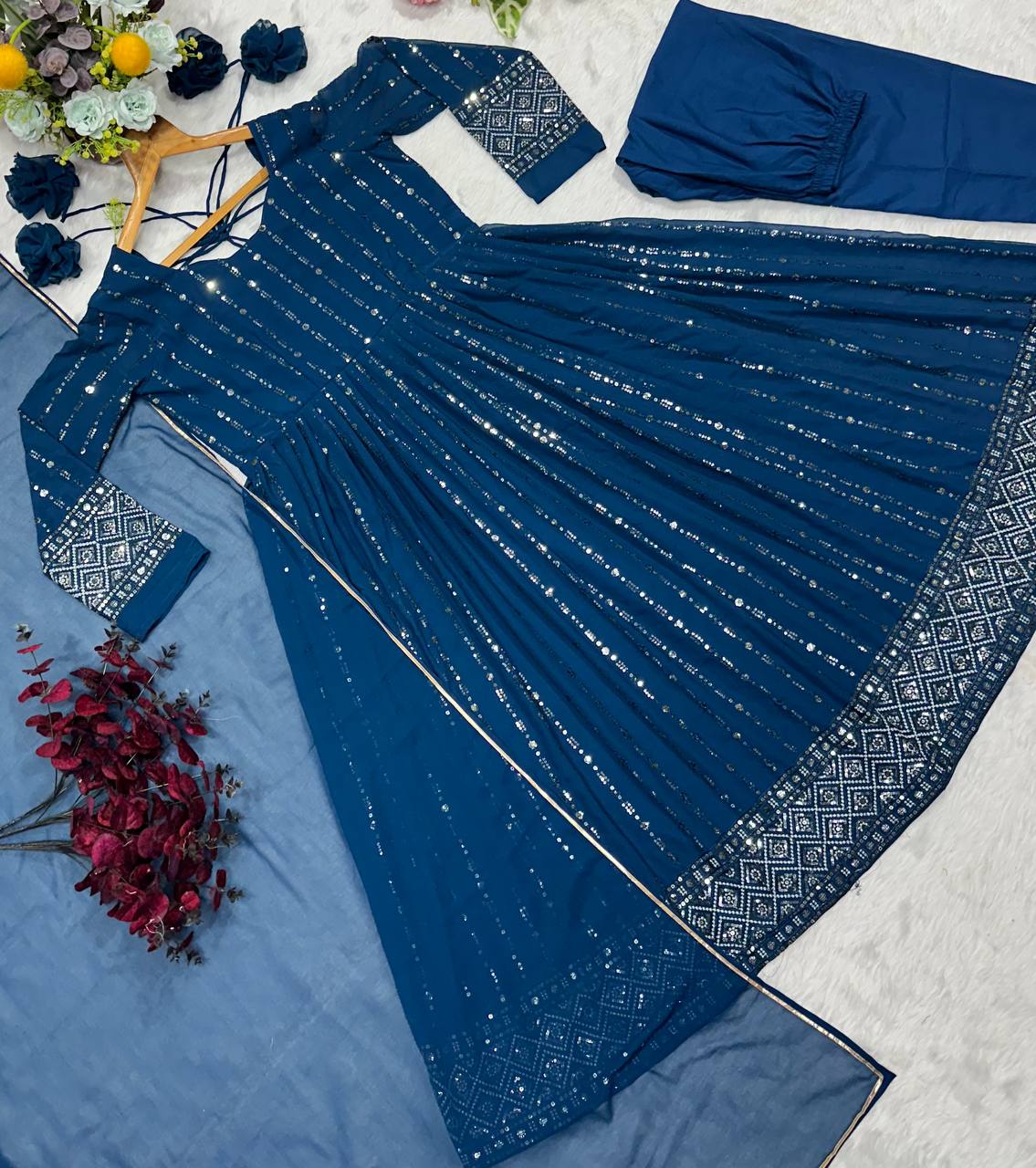 Premium Rama Blue Anarkali Suit Set with Dupatta & Pants