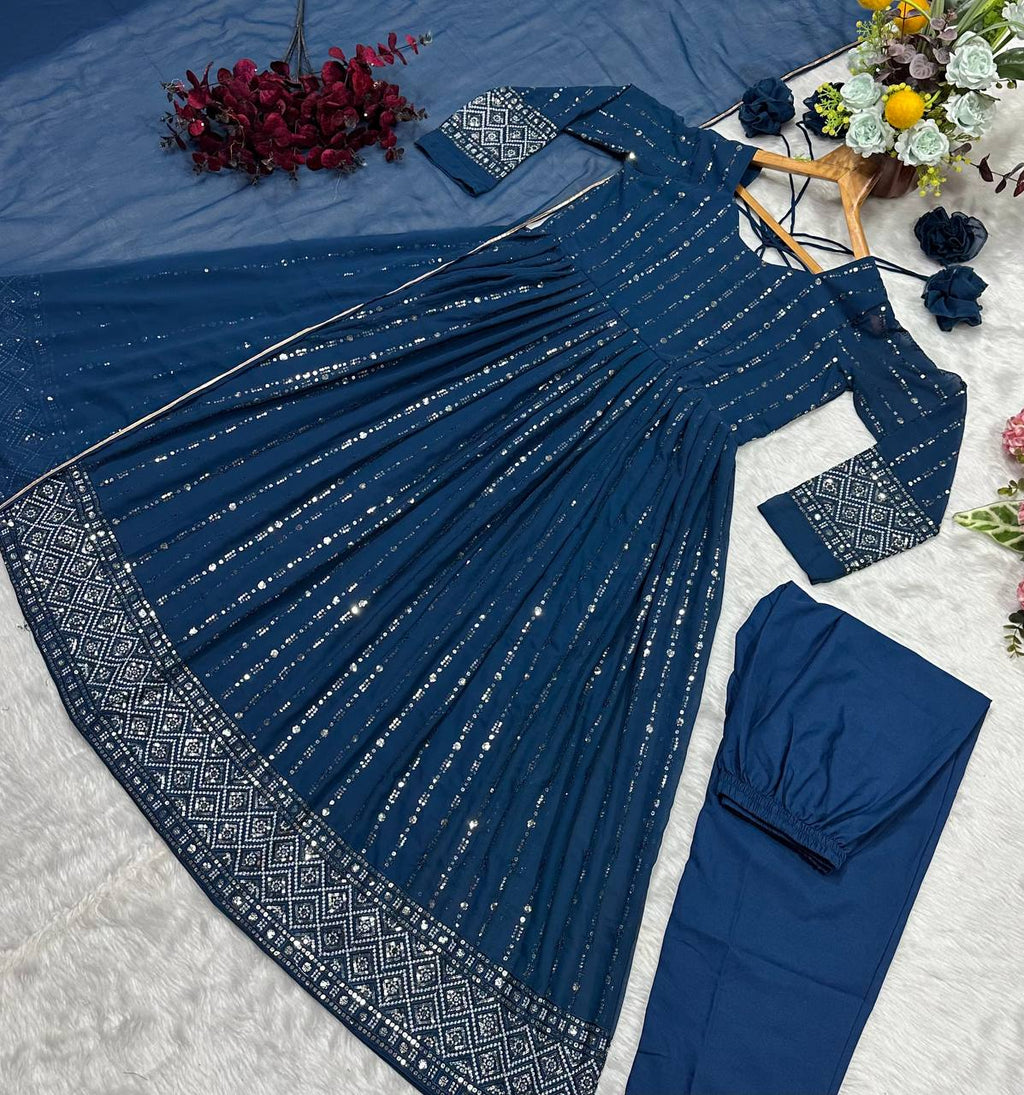 Premium Rama Blue Anarkali Suit Set with Dupatta & Pants