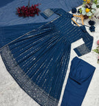 Premium Rama Blue Anarkali Suit Set with Dupatta & Pants