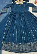 Premium Rama Blue Anarkali Suit Set with Dupatta & Pants