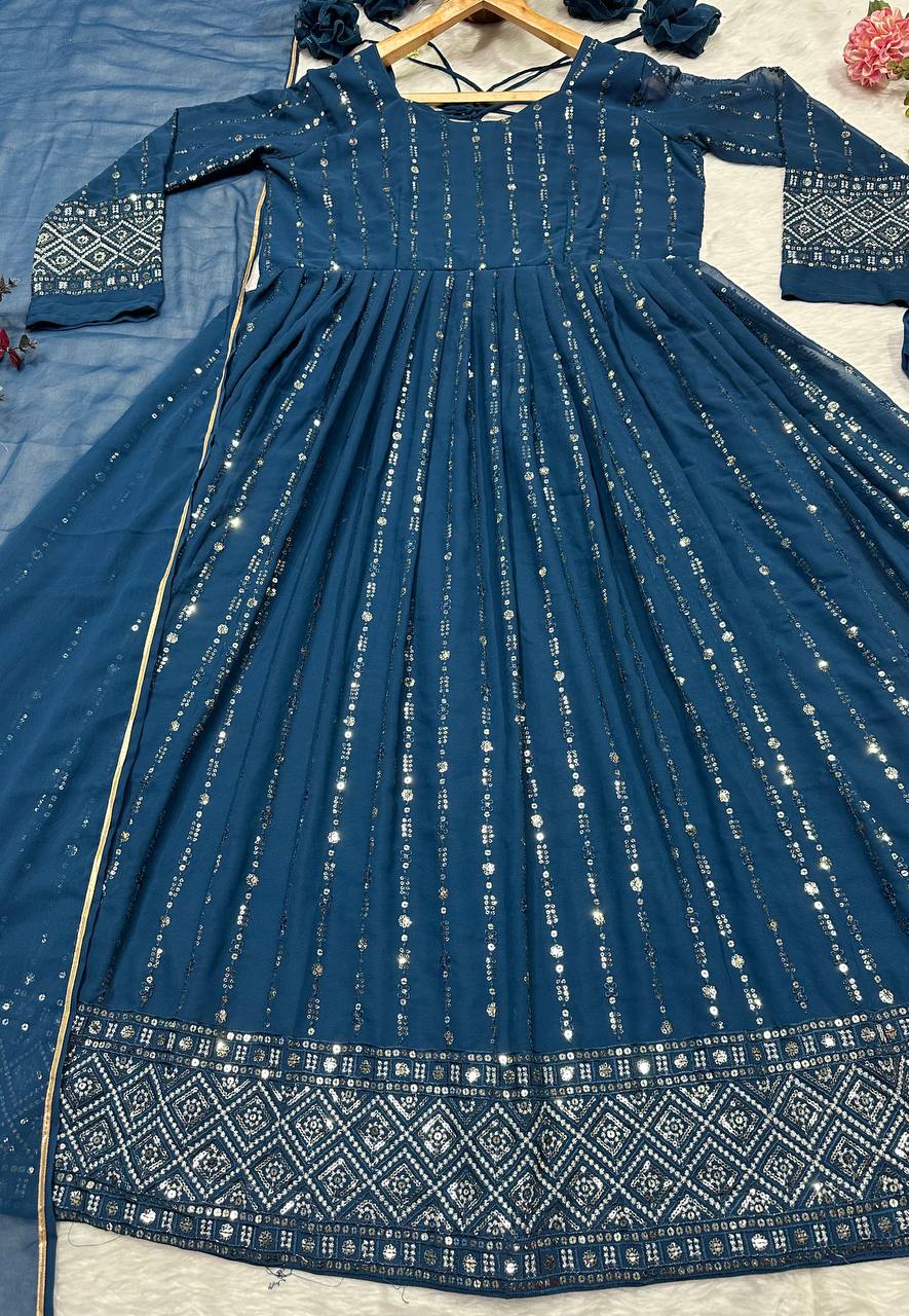 Premium Rama Blue Anarkali Suit Set with Dupatta & Pants