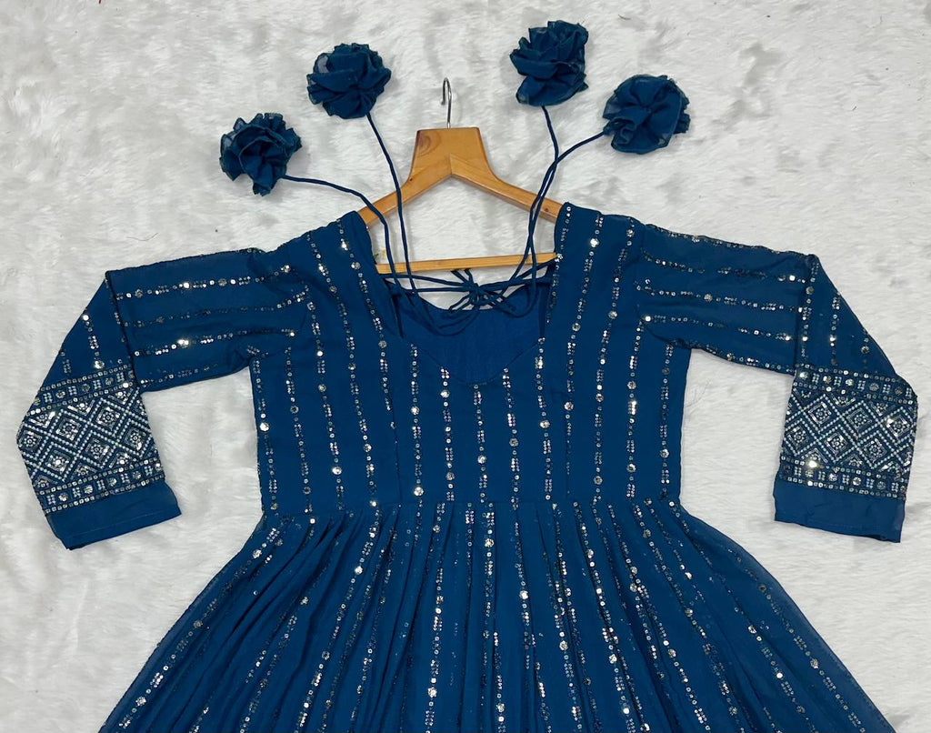 Premium Rama Blue Anarkali Suit Set with Dupatta & Pants
