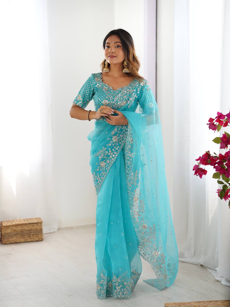 Premium Organza Silk Embroidered Saree With Designer Blouse