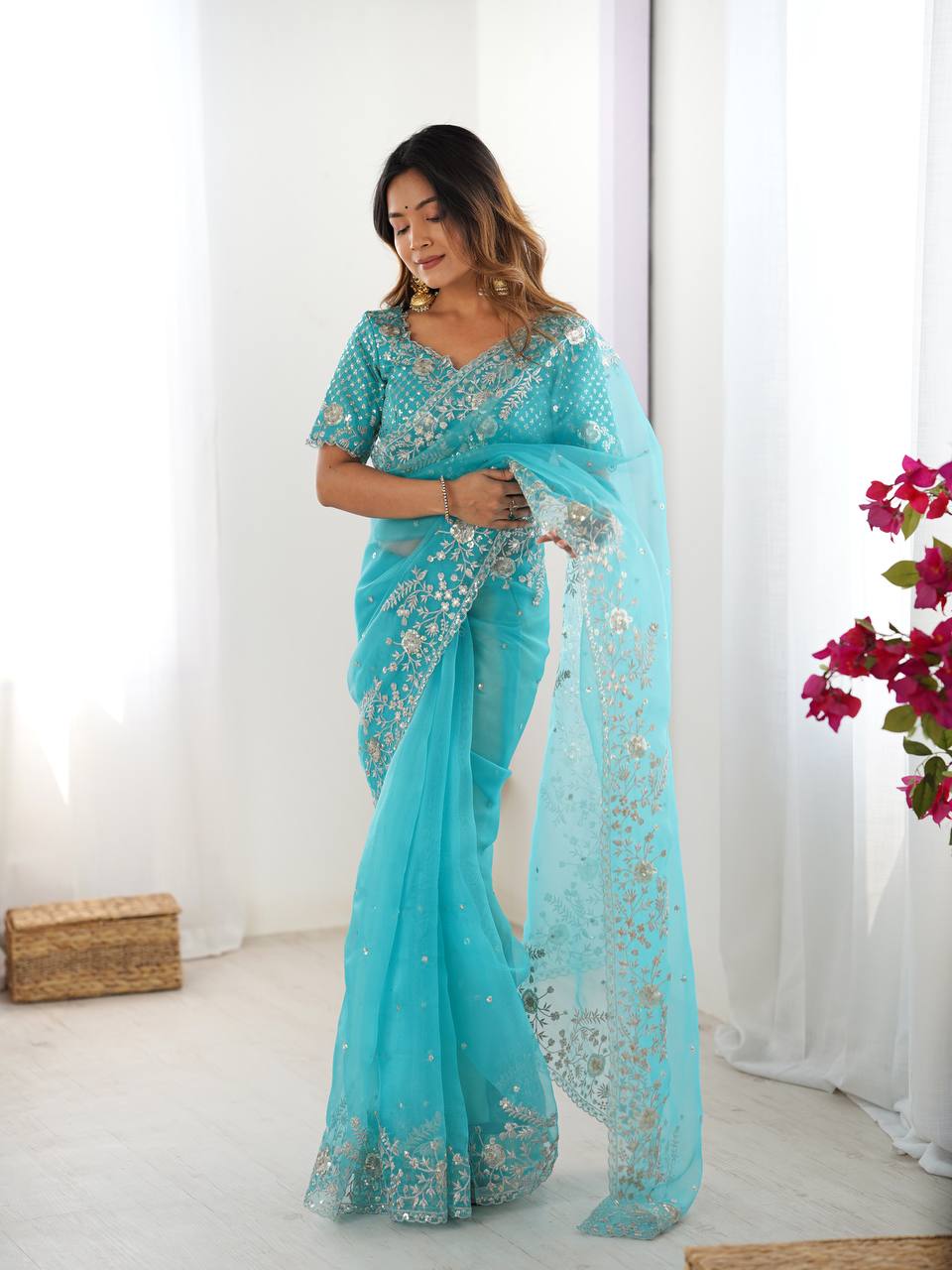 Premium Organza Silk Embroidered Saree With Designer Blouse