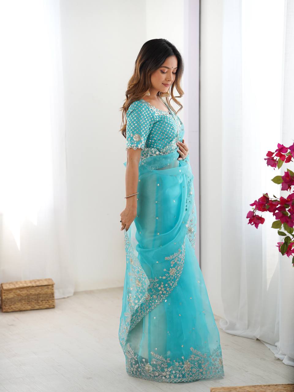 Premium Organza Silk Embroidered Saree With Designer Blouse