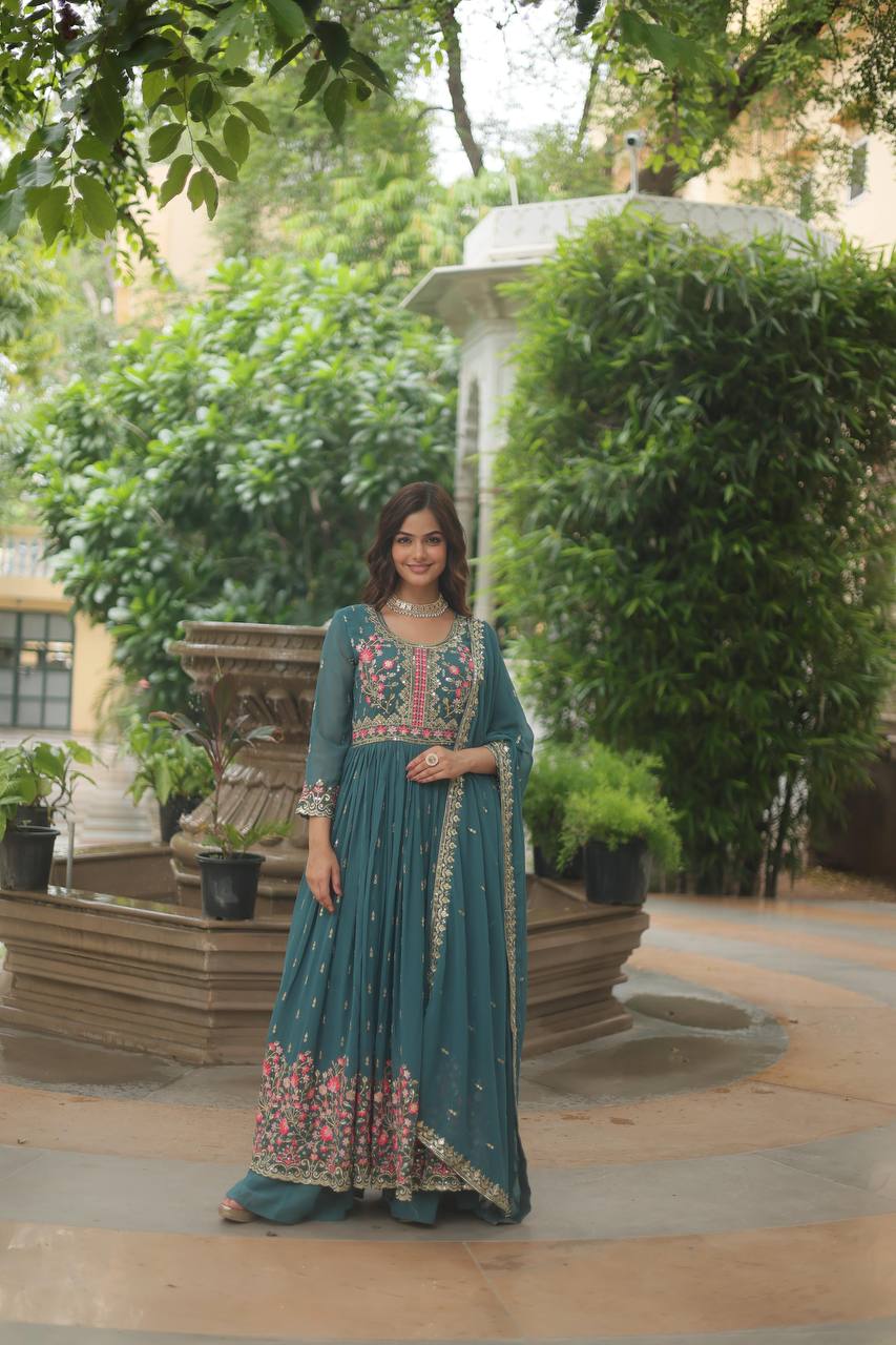 Premium Faux Georgette Embroidered Sharara Suit with Dupatta for Women