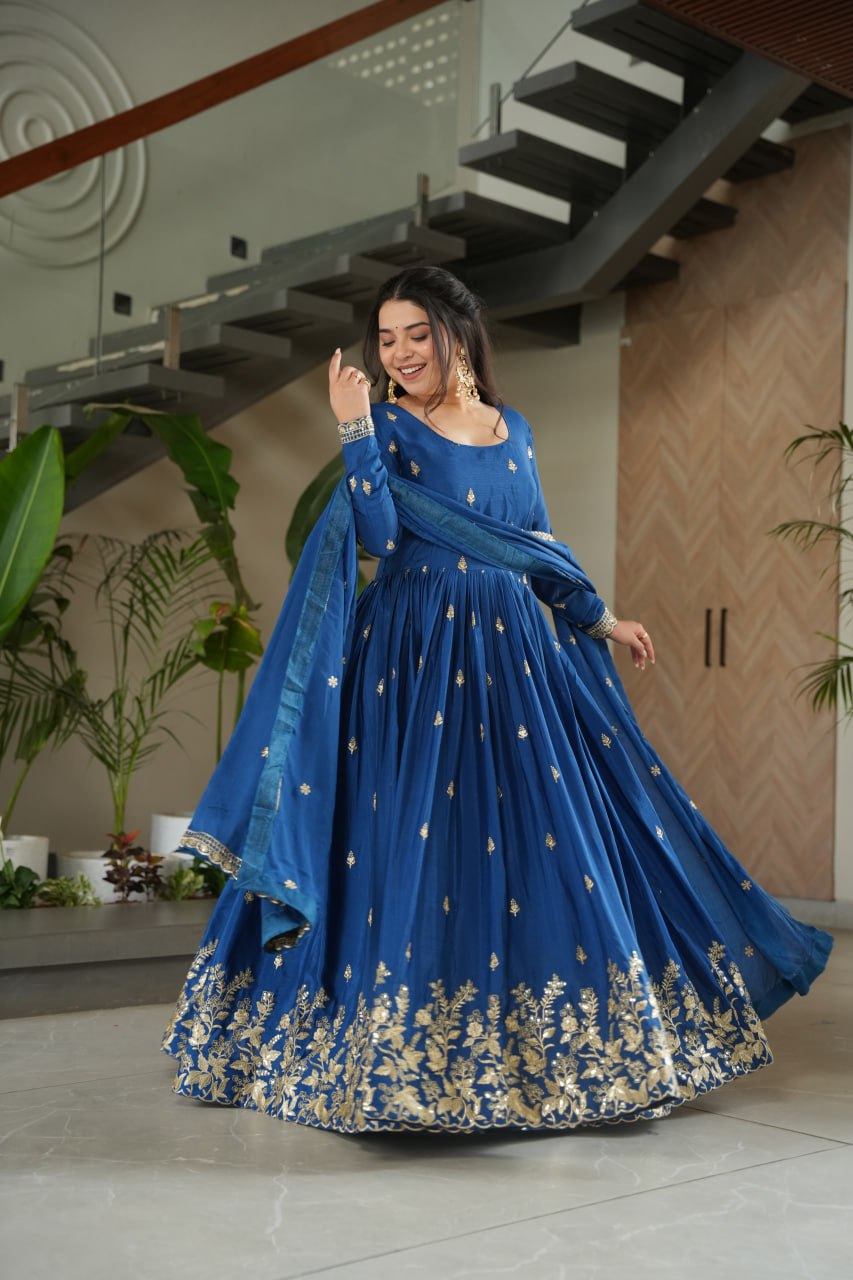 Premium Designer Chinnon Embroidered Gown with Dupatta