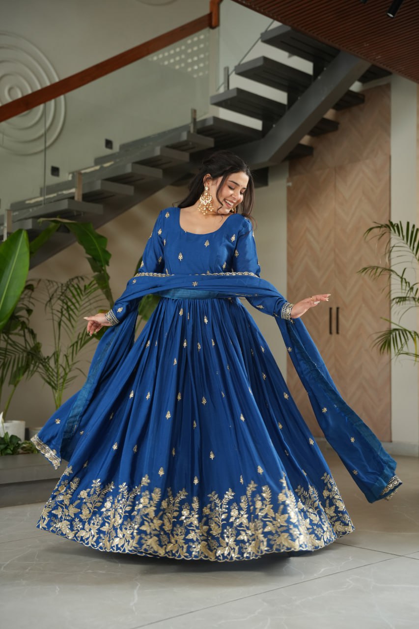 Premium Designer Chinnon Embroidered Gown with Dupatta