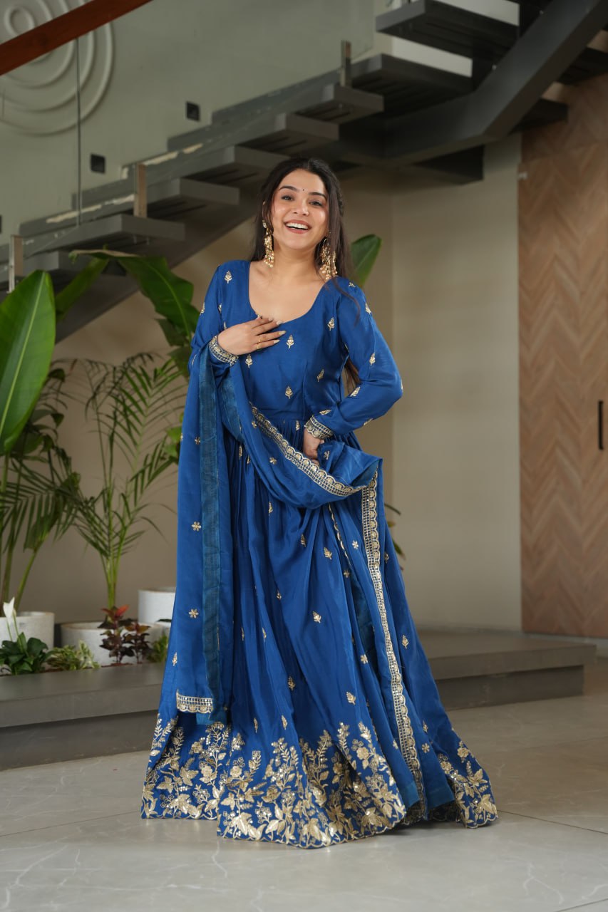 Premium Designer Chinnon Embroidered Gown with Dupatta