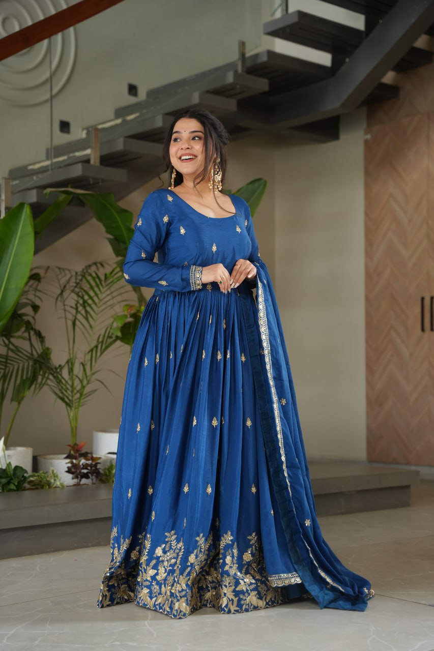 Premium Designer Chinnon Embroidered Gown with Dupatta