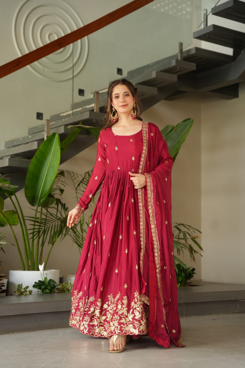 Premium Designer Chinnon Embroidered Gown with Dupatta