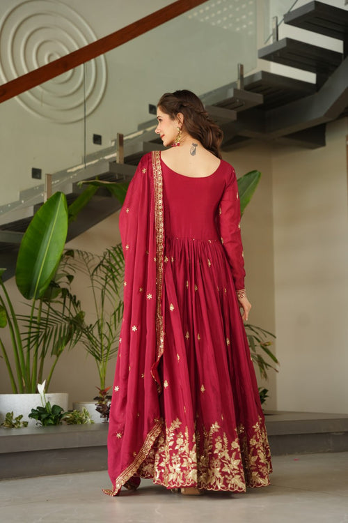 Premium Designer Chinnon Embroidered Gown with Dupatta