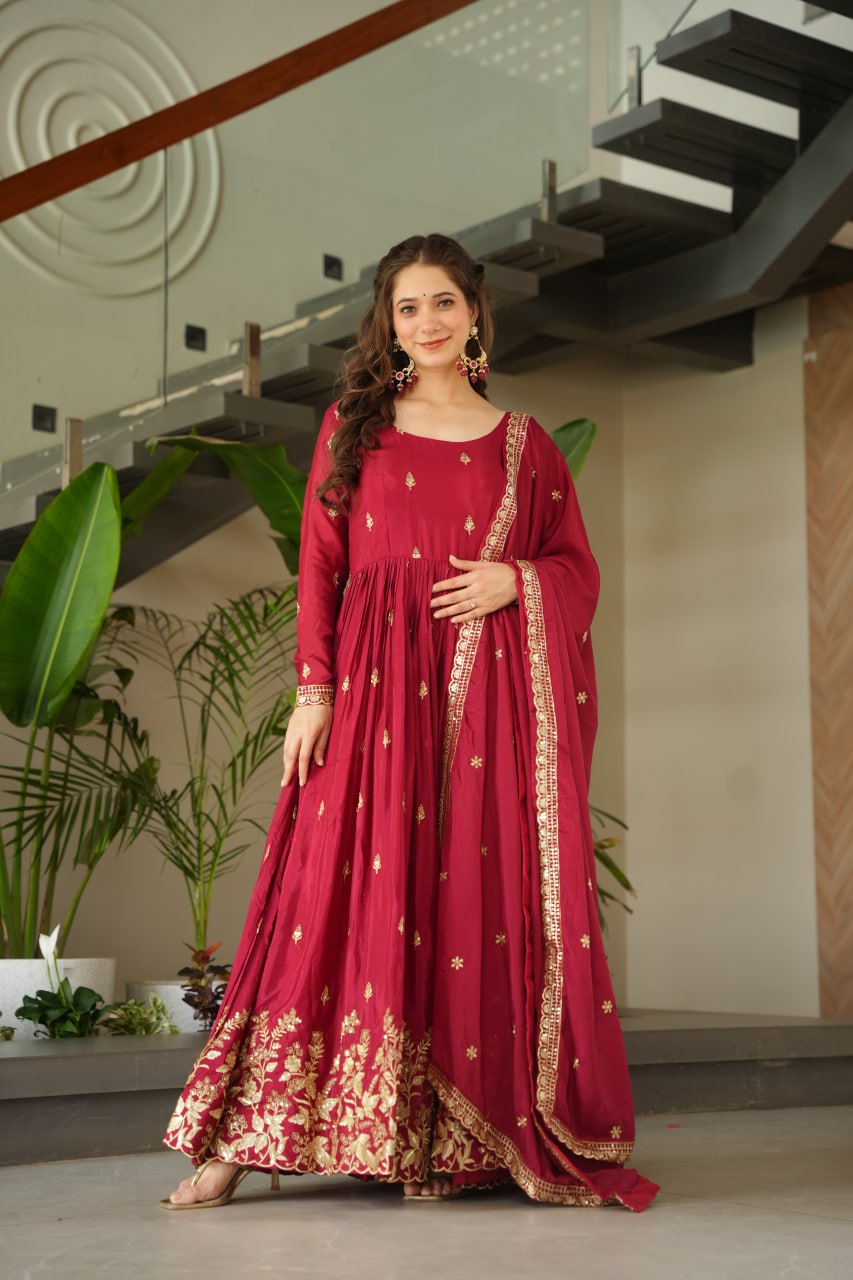 Premium Designer Chinnon Embroidered Gown with Dupatta