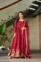 Premium Designer Chinnon Embroidered Gown with Dupatta