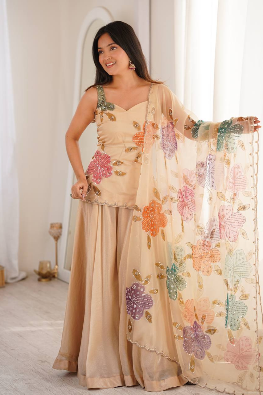 Raksha Bandhan Special Cream Organza Sequence Western Dress