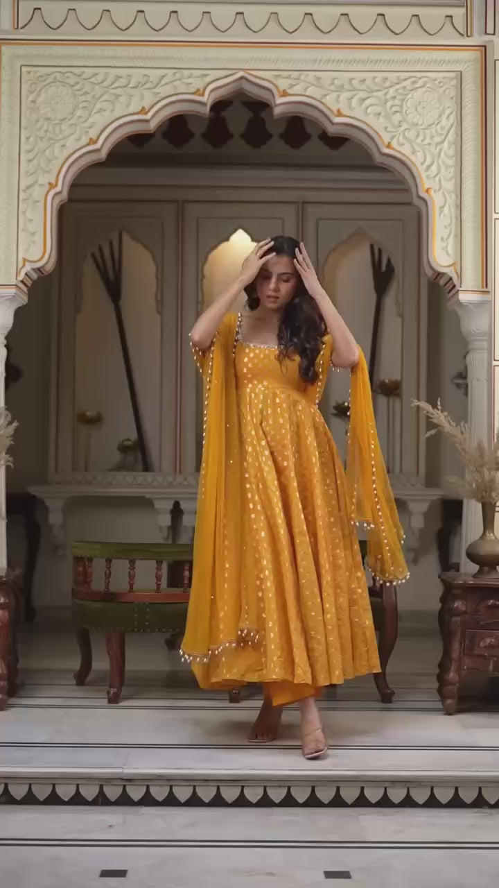 Mustard Yellow Chanderi Jacquard Butti Mirror Work Anarkali Gown Set