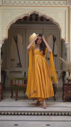 Mustard Yellow Chanderi Jacquard Butti Mirror Work Anarkali Gown Set