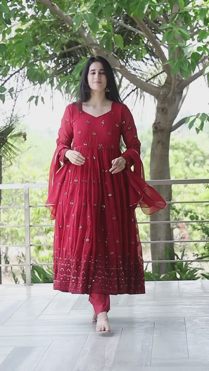 Maroon Georgette Sequins Embroidered Anarkali Suit Set with Dupatta