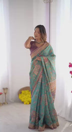 Designer Linen Cotton Floral Digital Print Saree with Blouse Piece