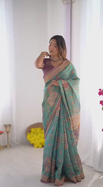 Designer Linen Cotton Floral Digital Print Saree with Blouse Piece