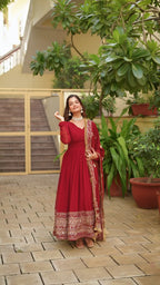 Premium Designer Red Embroidered Anarkali Gown with Dupatta Set