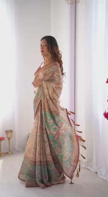 Premium Linen Cotton Forest & Peacock Digital Print Saree with Matching Blouse