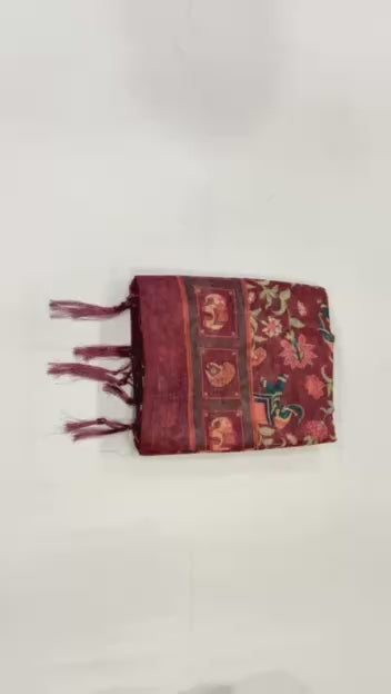 Mauve Linen Cotton Elephant & Floral Digital Print Saree with Matching Blouse