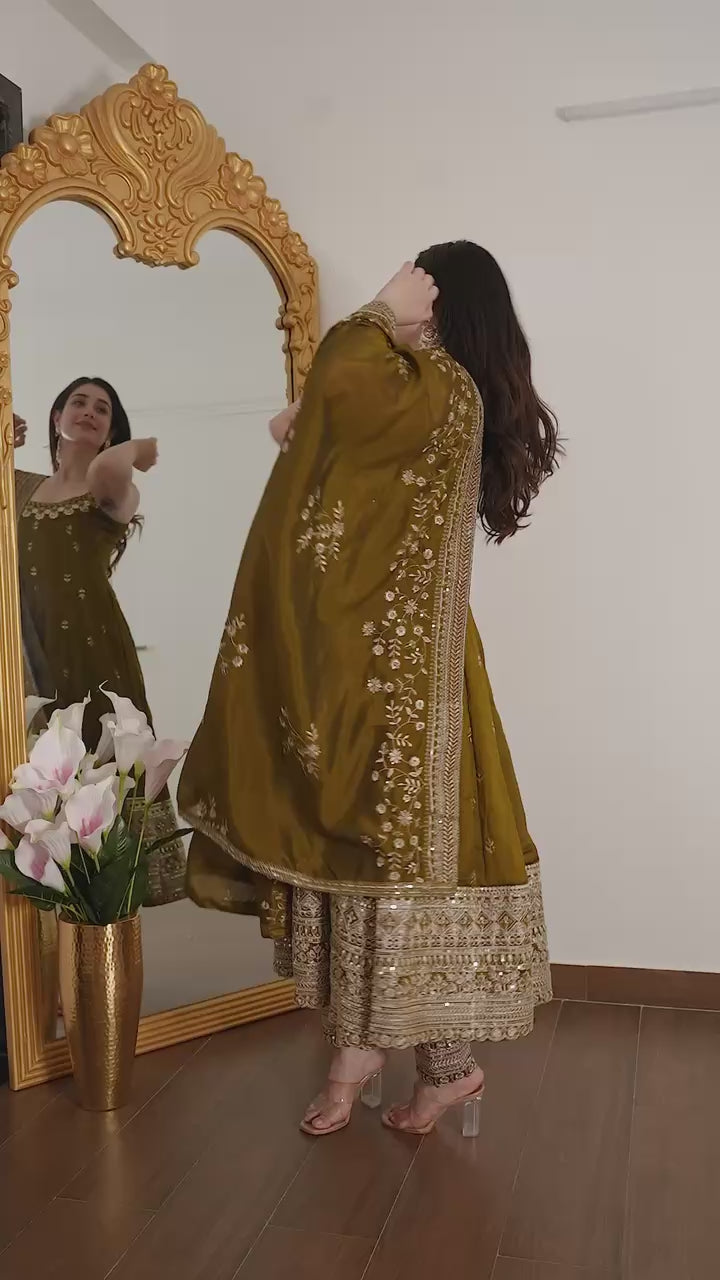 Designer Vichitra Silk Embroidered Anarkali Suit Set with Dupatta