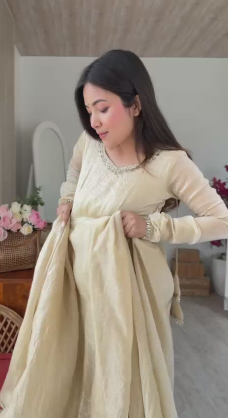 Cream Doremon Crush Anarkali Suit Set with 7 Meter Flair And Real Mirror Work