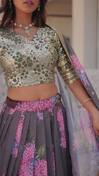 Coffee Floral Printed Russian Silk Lehenga Choli with Sequins Embroidered Blouse & Dupatta