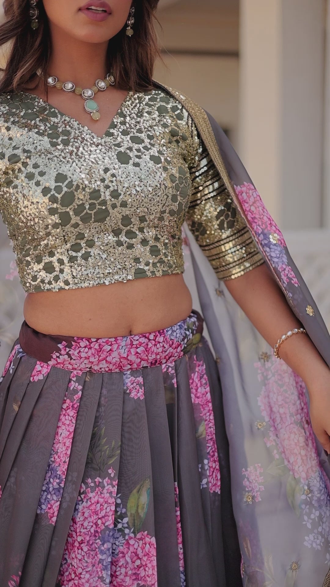 Coffee Floral Printed Russian Silk Lehenga Choli with Sequins Embroidered Blouse & Dupatta