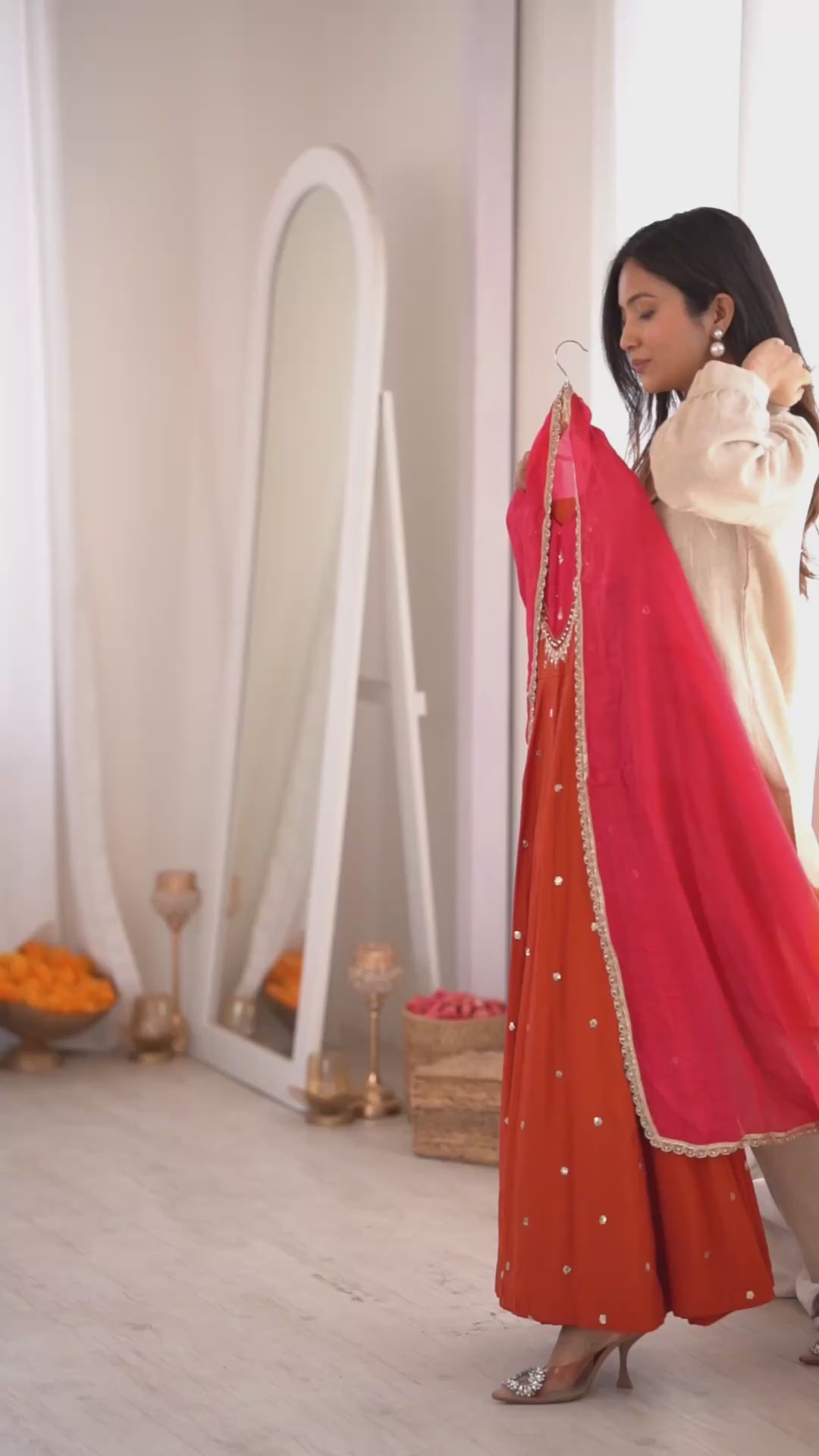 Elegant Roman Silk Anarkali Suit Set with Real Mirror Work
